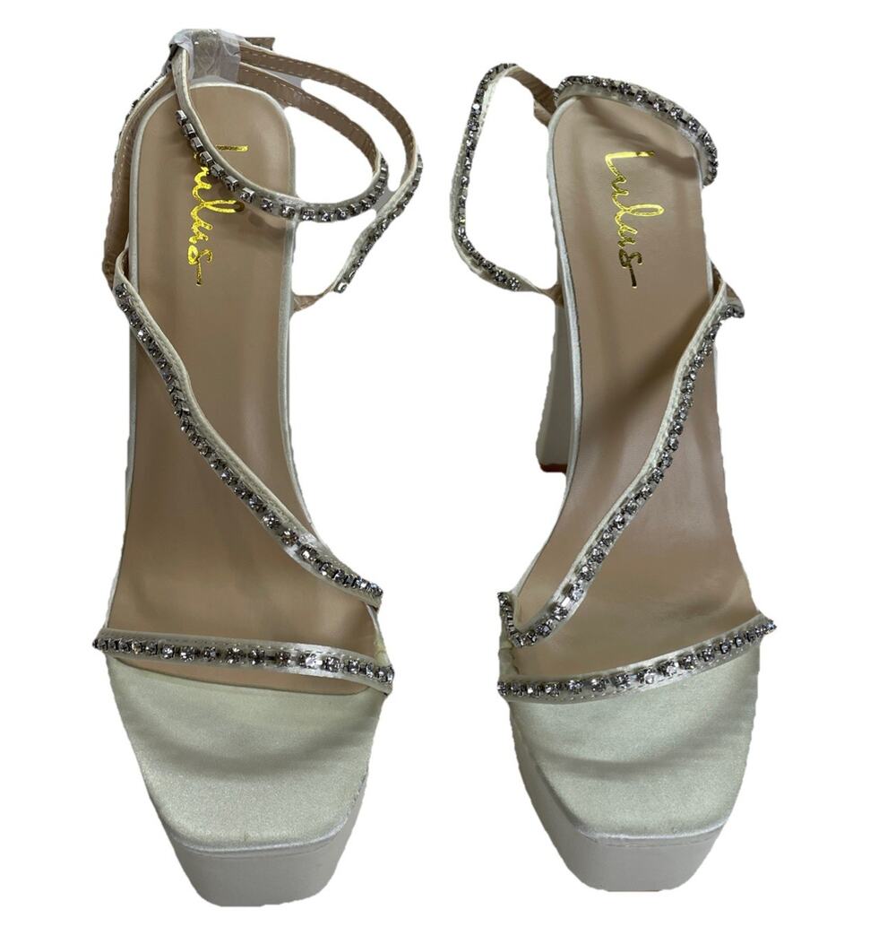 Lulu’s Sinia Ivory Satin Rhinestone Platform High Heel Sandals Sz 11 Ivory